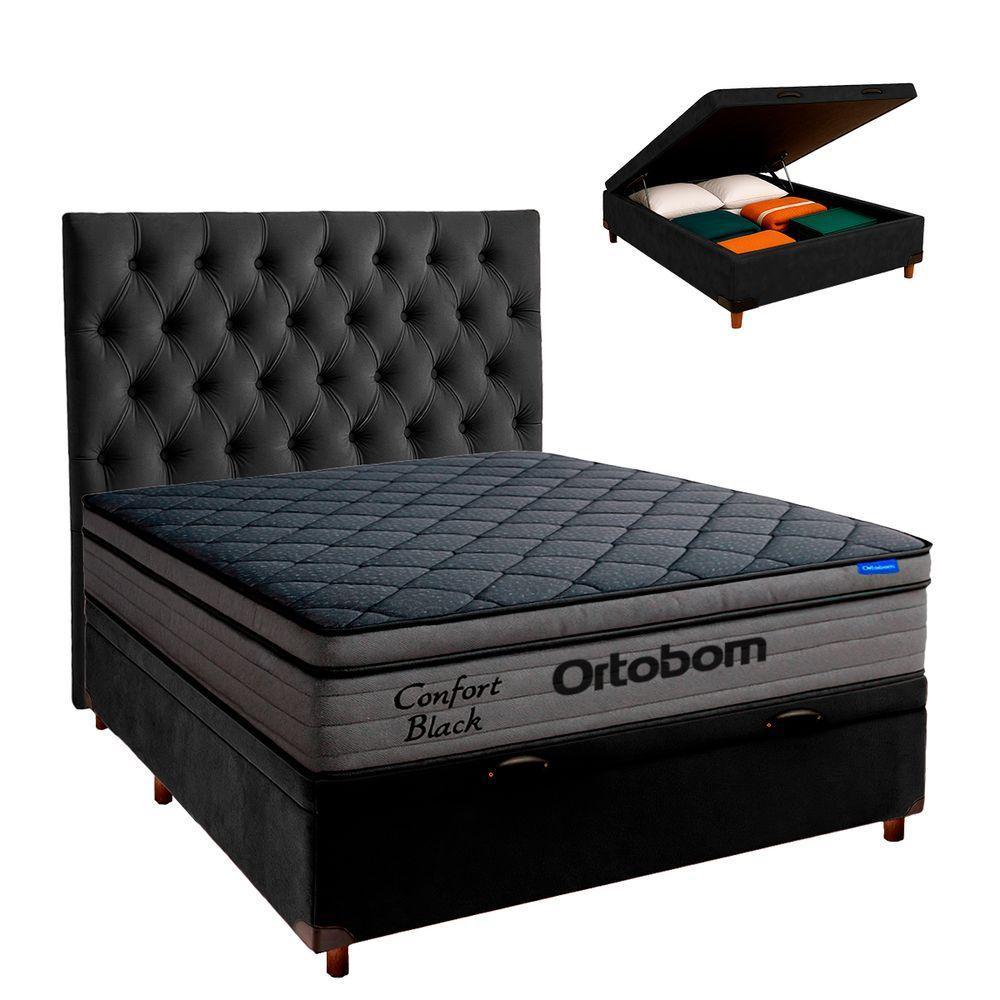 Baú Preto + Cabeceira + Colchão Casal Confort Black Ortobom - 1