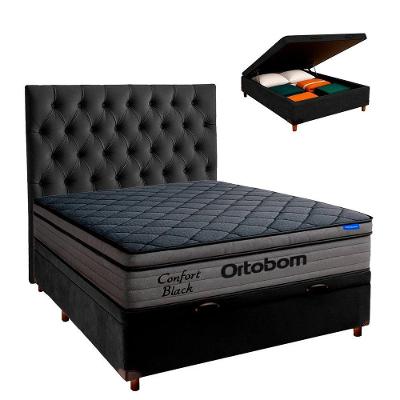 Baú Preto + Cabeceira + Colchão Casal Confort Black Ortobom