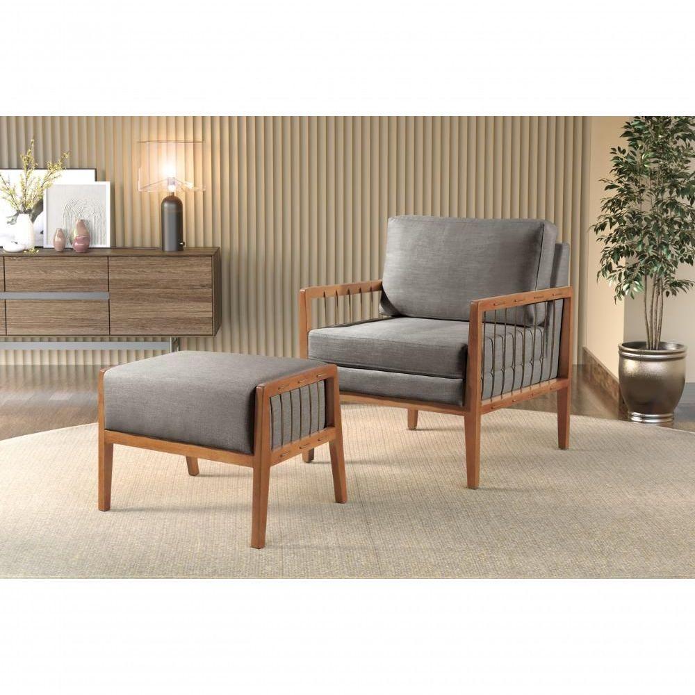 Puff Banqueta Gael Luxo Madeira Maciça Castellar Móbile Linho Cinza Linho Cinza - 5