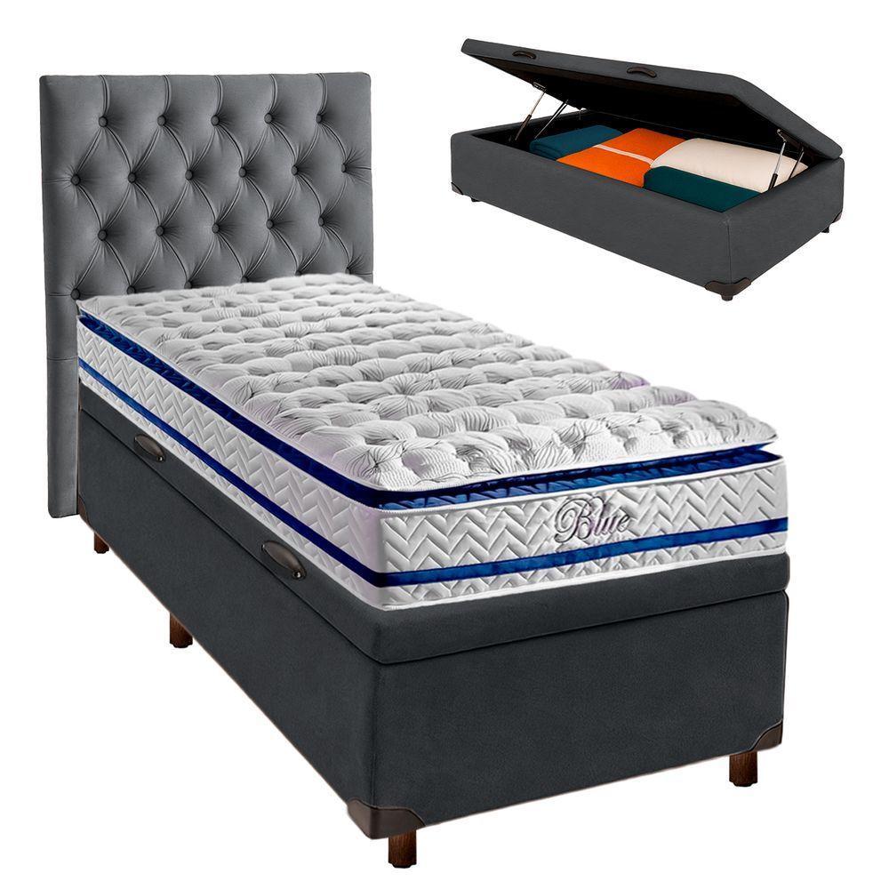 Kit Cama Box Bau + Cabeceira + Colchão Solteiro Molas Ensacadas - Blue - Paropas - 1