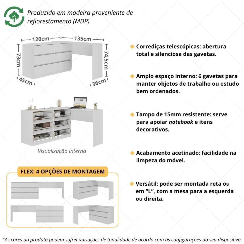 Escrivaninha Em L 120cm Com 6 Gavetas Flex Multimóveis Mp6030 Branco - 3
