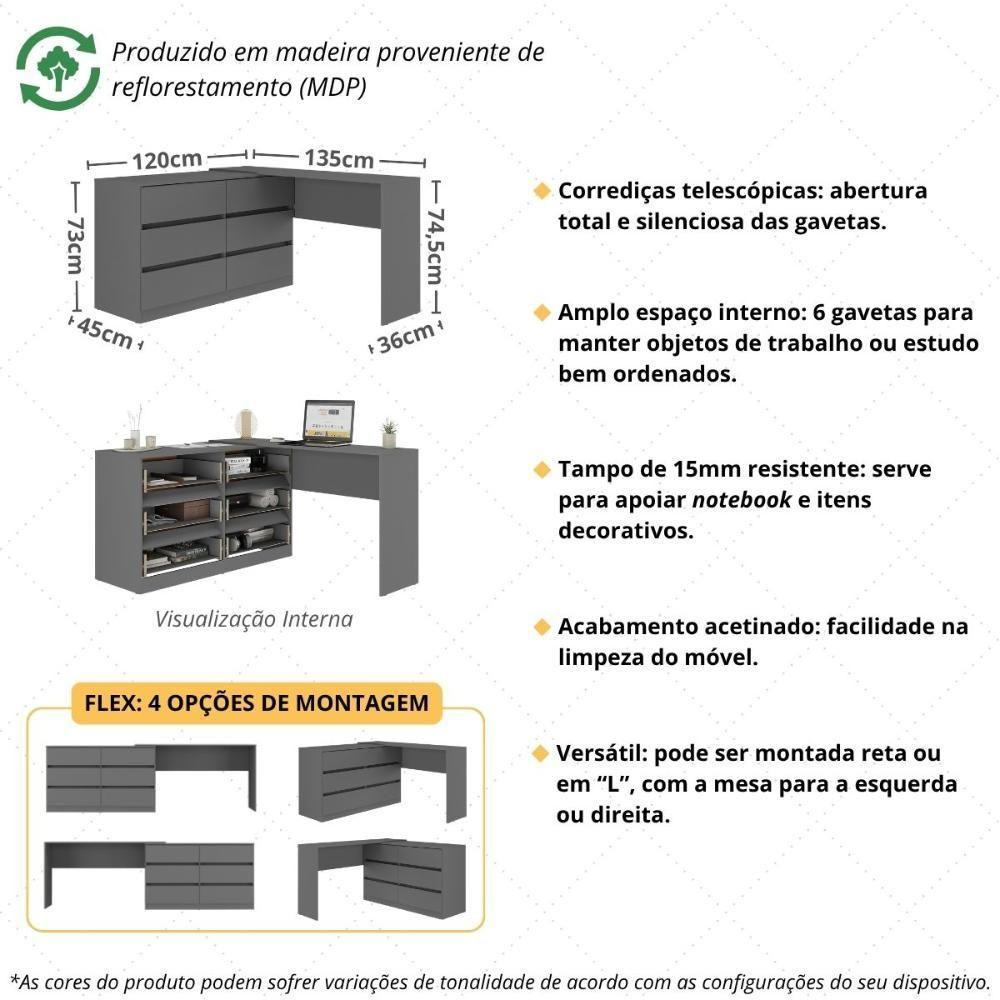 Escrivaninha Em L 120cm Com 6 Gavetas Flex Multimóveis Mp6030 Grafite - 3