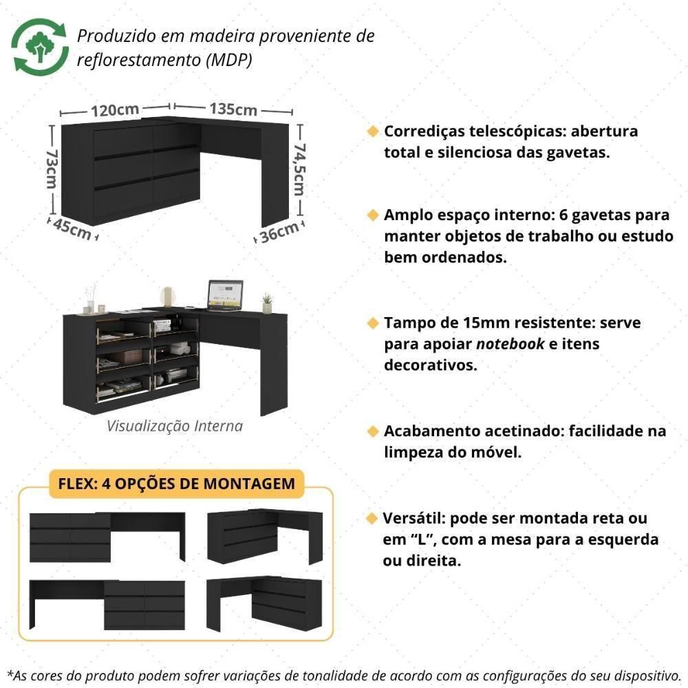 Escrivaninha Em L 120cm Com 6 Gavetas Flex Multimóveis Mp6030 Preto - 3