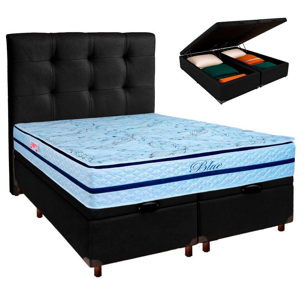 Conjunto Cama Box Bau Blindado Casal + Colchão Molas Ensacadas Blue Paropas + Cabeceira - 1