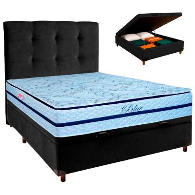 Conjunto Cama Box Bau Blindado Casal + Colchão Molas Ensacadas Blue Paropas + Cabeceira
