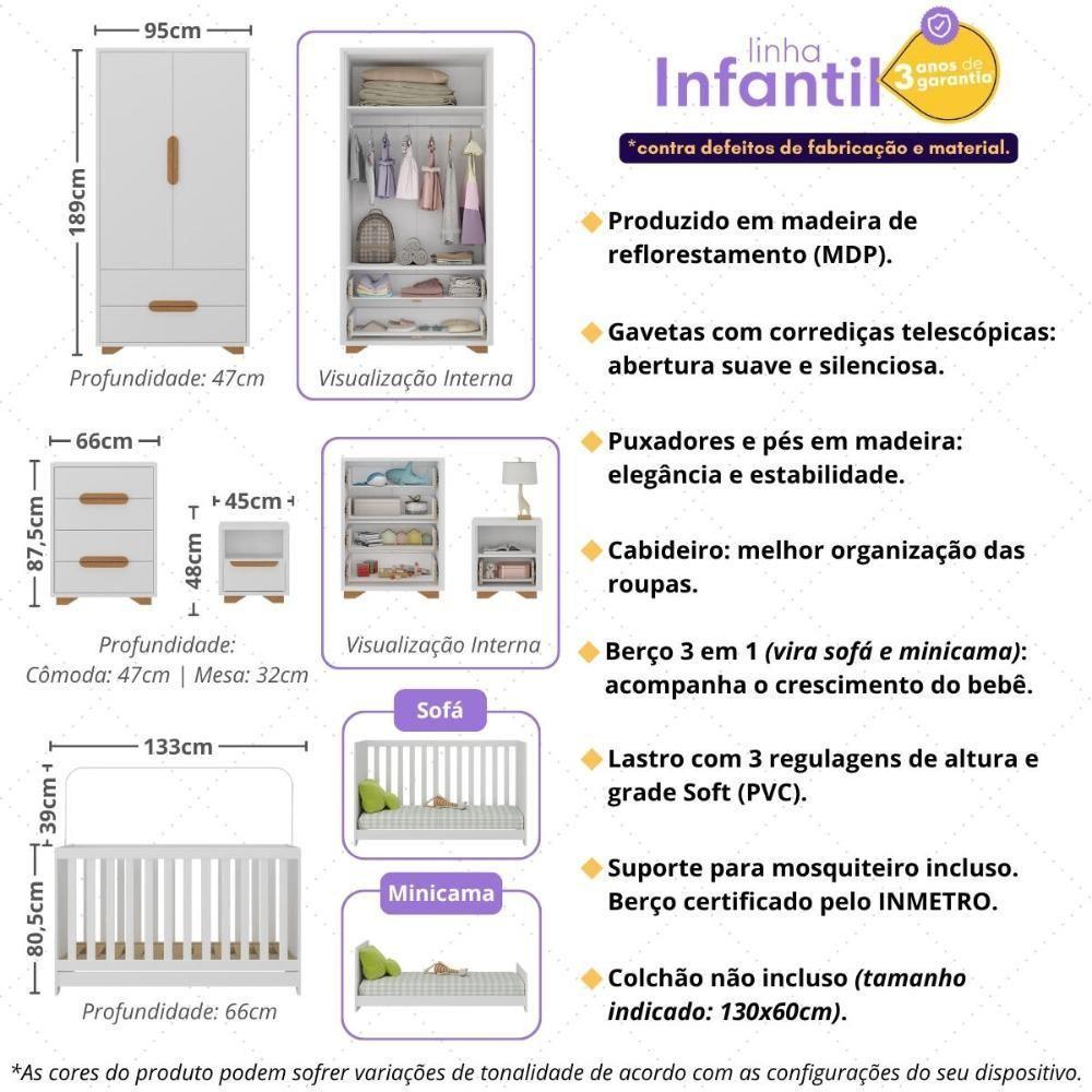 Quarto De Bebê Completo Com Berço 3 Em 1 Para Colchão 130x60cm Multimóveis Mp4399 Branco Natural - 3