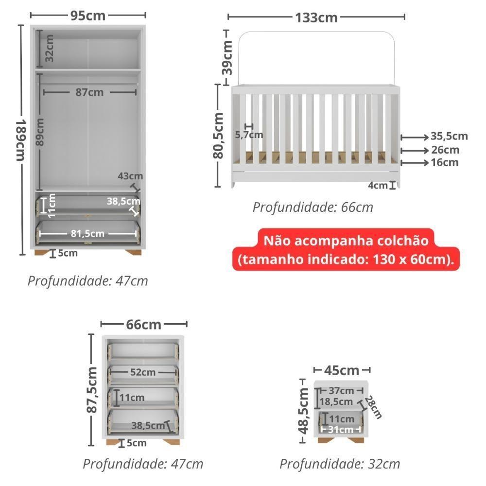 Quarto De Bebê Completo Com Berço 3 Em 1 Para Colchão 130x60cm Multimóveis Mp4399 Branco Natural - 8
