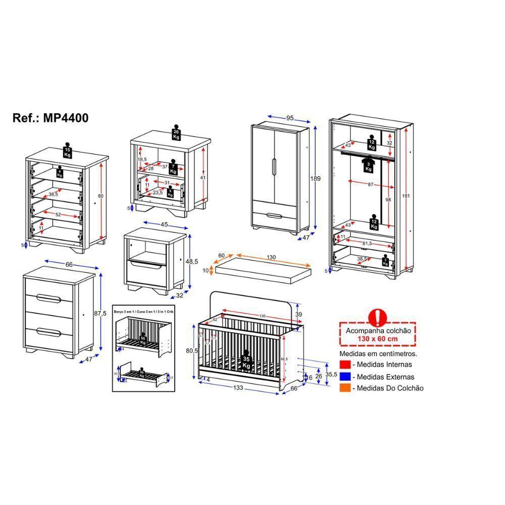Quarto De Bebê Completo Com Berço 3 Em 1 Com Colchão Incluso Multimóveis Mp4400 Branco Natural - 4