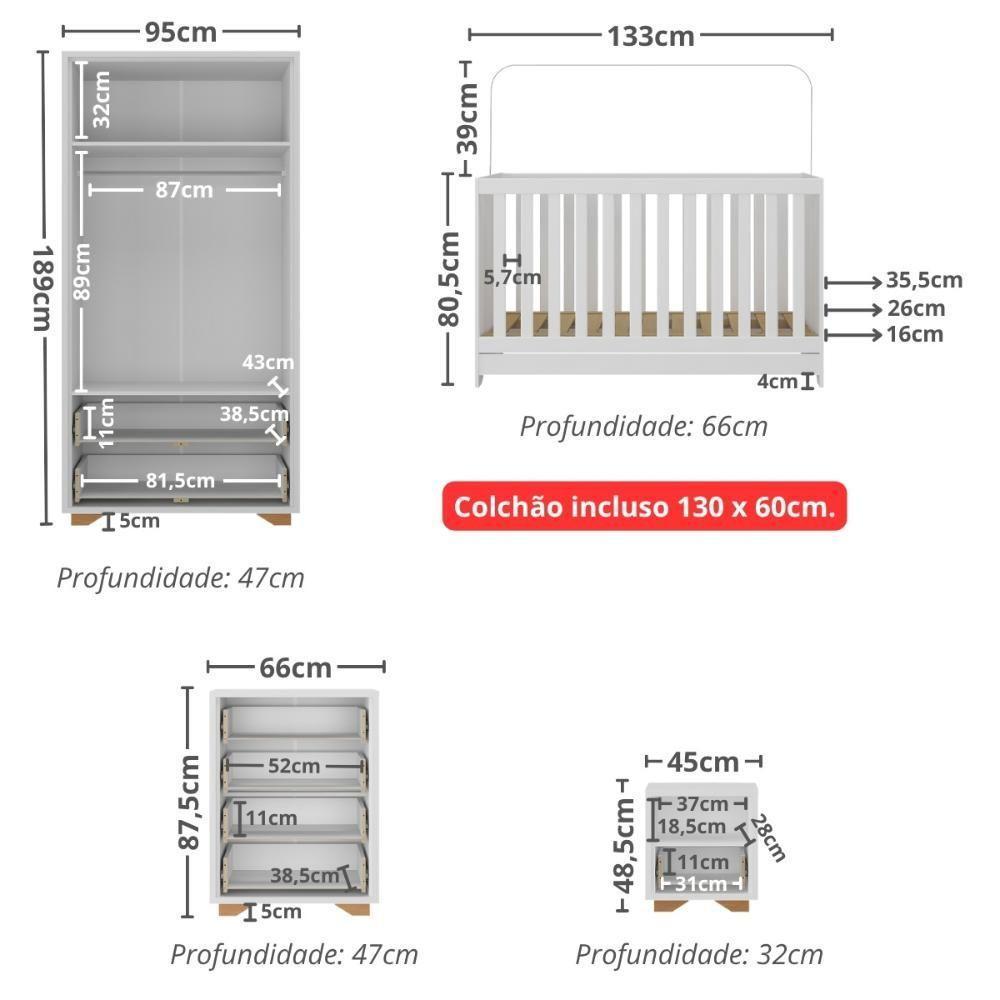 Quarto De Bebê Completo Com Berço 3 Em 1 Com Colchão Incluso Multimóveis Mp4400 Branco Natural - 8