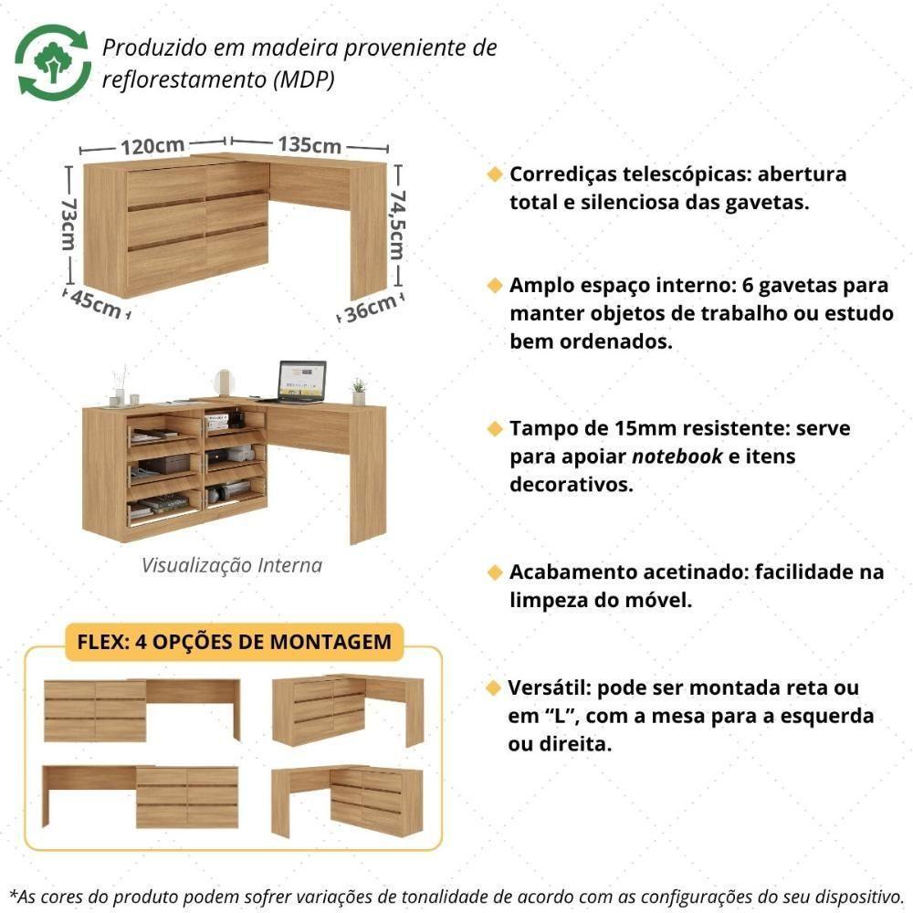 Escrivaninha Em L 120cm Com 6 Gavetas Flex Multimóveis Mp6030 Madeirado - 6