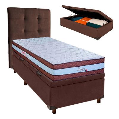 Cama Box Bau + Colchão Solteiro Molas Ensacadas Legaccy Paropas + Cabeceira Estofada