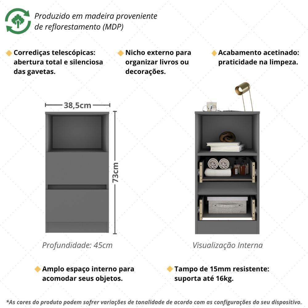 Mesa De Cabeceira 38,5cm Com 2 Gavetas Multimóveis Mp4395 Grafite - 4