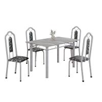Conjunto De Mesa Tubular 4 Cadeiras 120x75cm Mart Perola Com Tampo Em Granito Topázio Brenda 010 - Tudo De Móveis Preto Floral