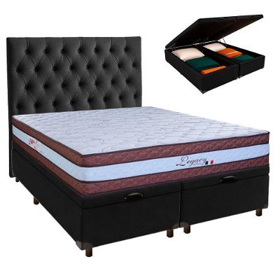 Conjunto Cama Box Bau Blindado Queen + Colchão Molas Ensacadas Legaccy Paropas + Cabeceira