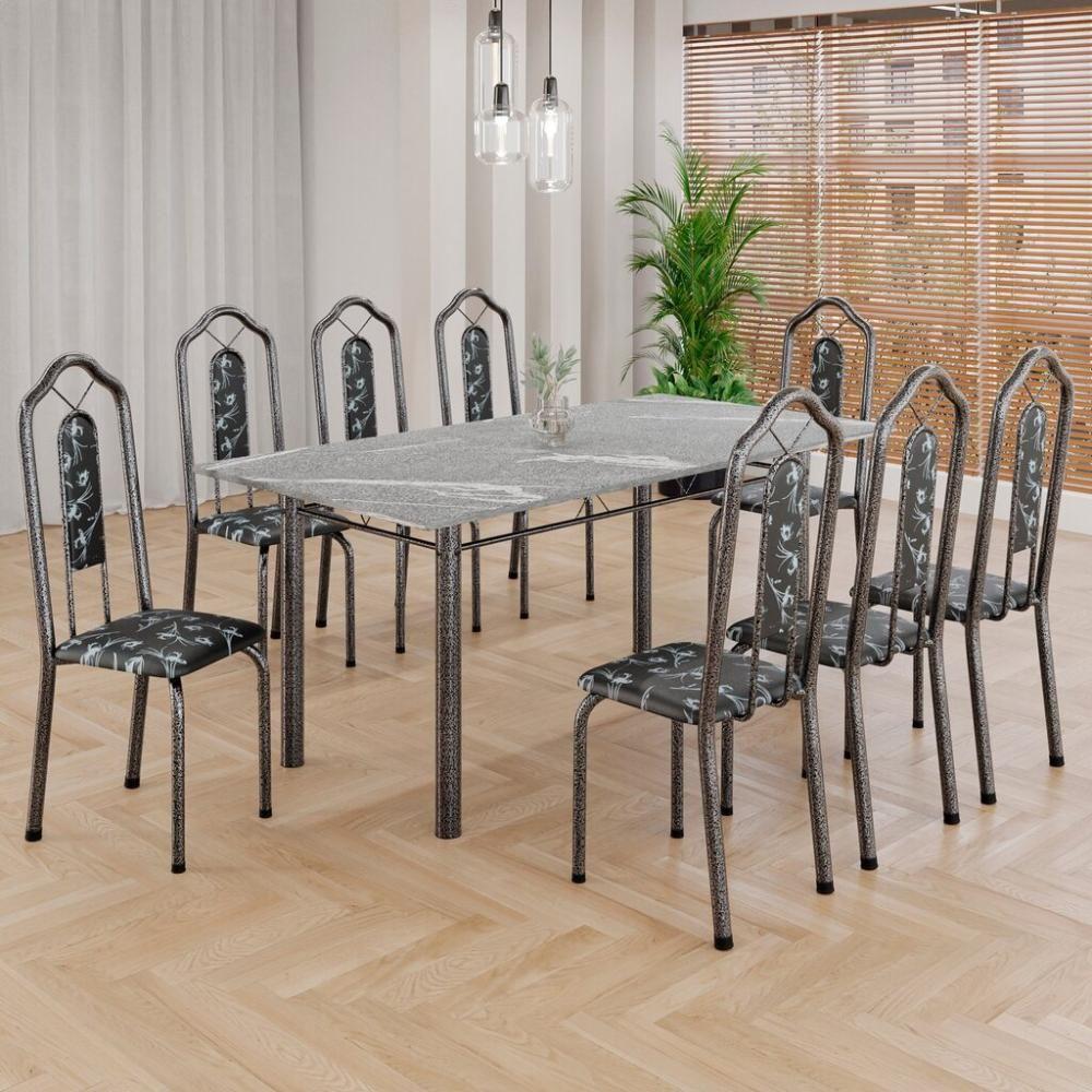 Conjunto De Mesa Tubular 8 Cadeiras 180x75cm Mart Prata Com Tampo Em Granito Topázio Ocre 050 Brenda - Tudo De Móveis Preto Floral - 2