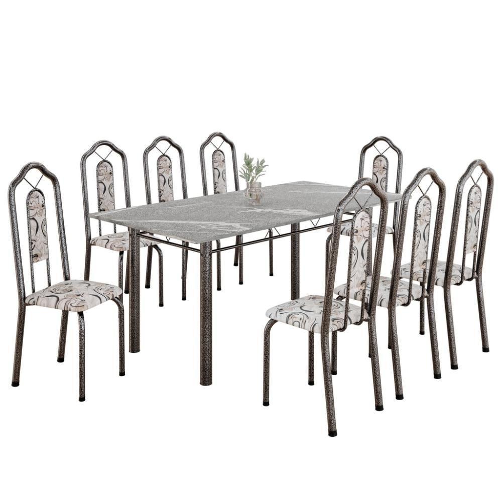Conjunto De Mesa Tubular 8 Cadeiras 180x75cm Mart Prata Com Tampo Em Granito Topázio Ocre 050 Brenda - Tudo De Móveis Preto Floral - 4