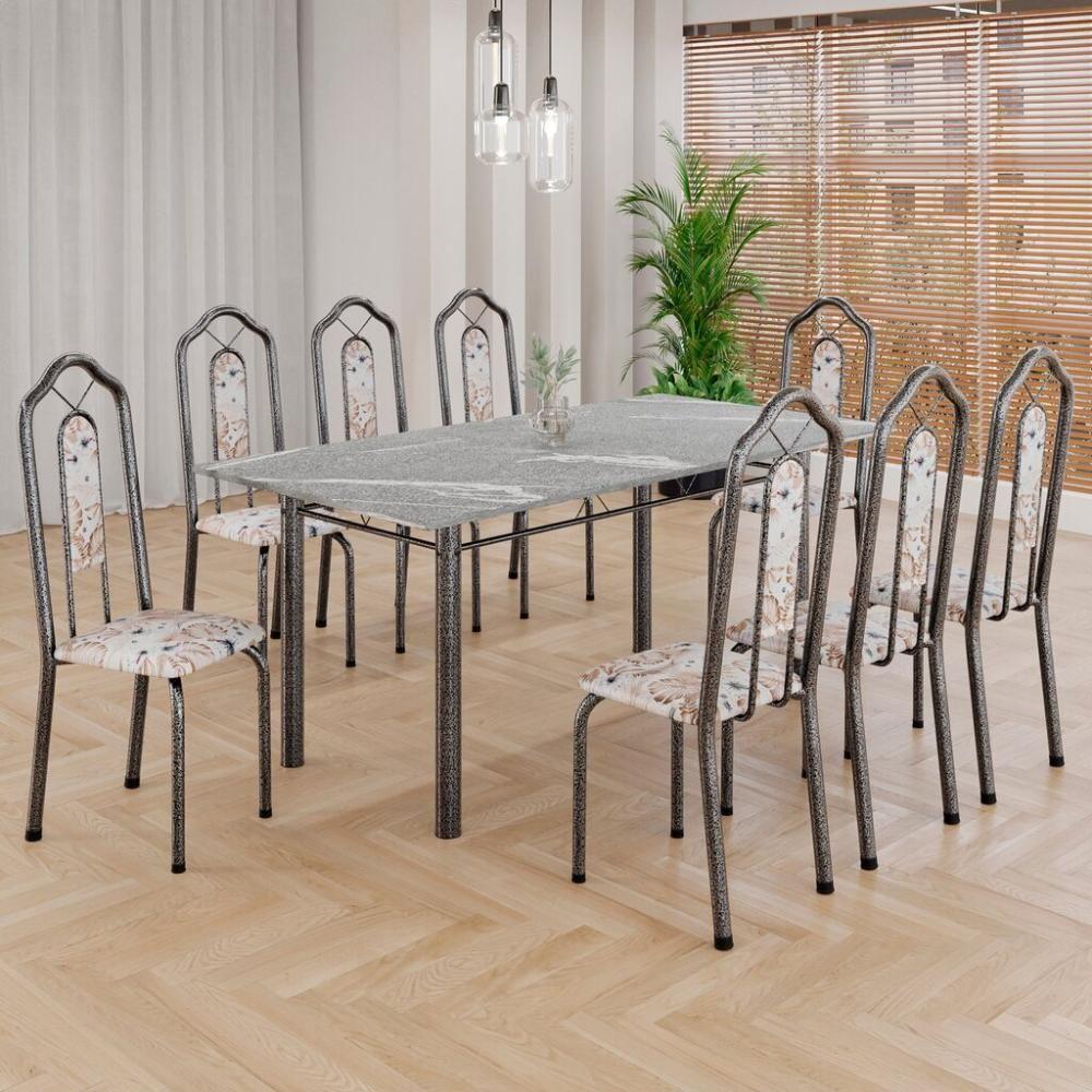 Conjunto De Mesa Tubular 8 Cadeiras 180x75cm Mart Prata Com Tampo Em Granito Topázio Ocre 050 Brenda - Tudo De Móveis Arabesco - 1