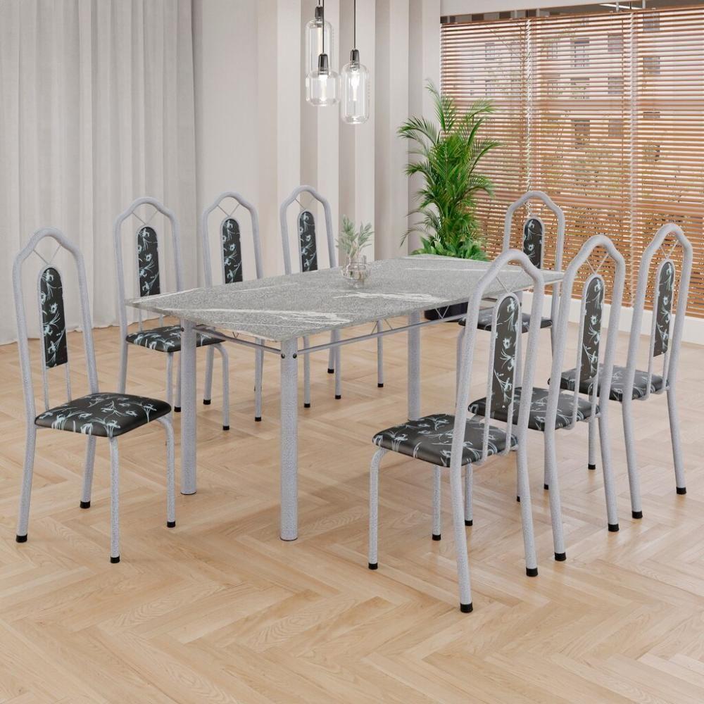Conjunto De Mesa Tubular 8 Cadeiras 180x75cm Mart Perola Com Tampo Em Granito Ocre Brenda 050 - Tudo De Móveis Preto Floral - 9