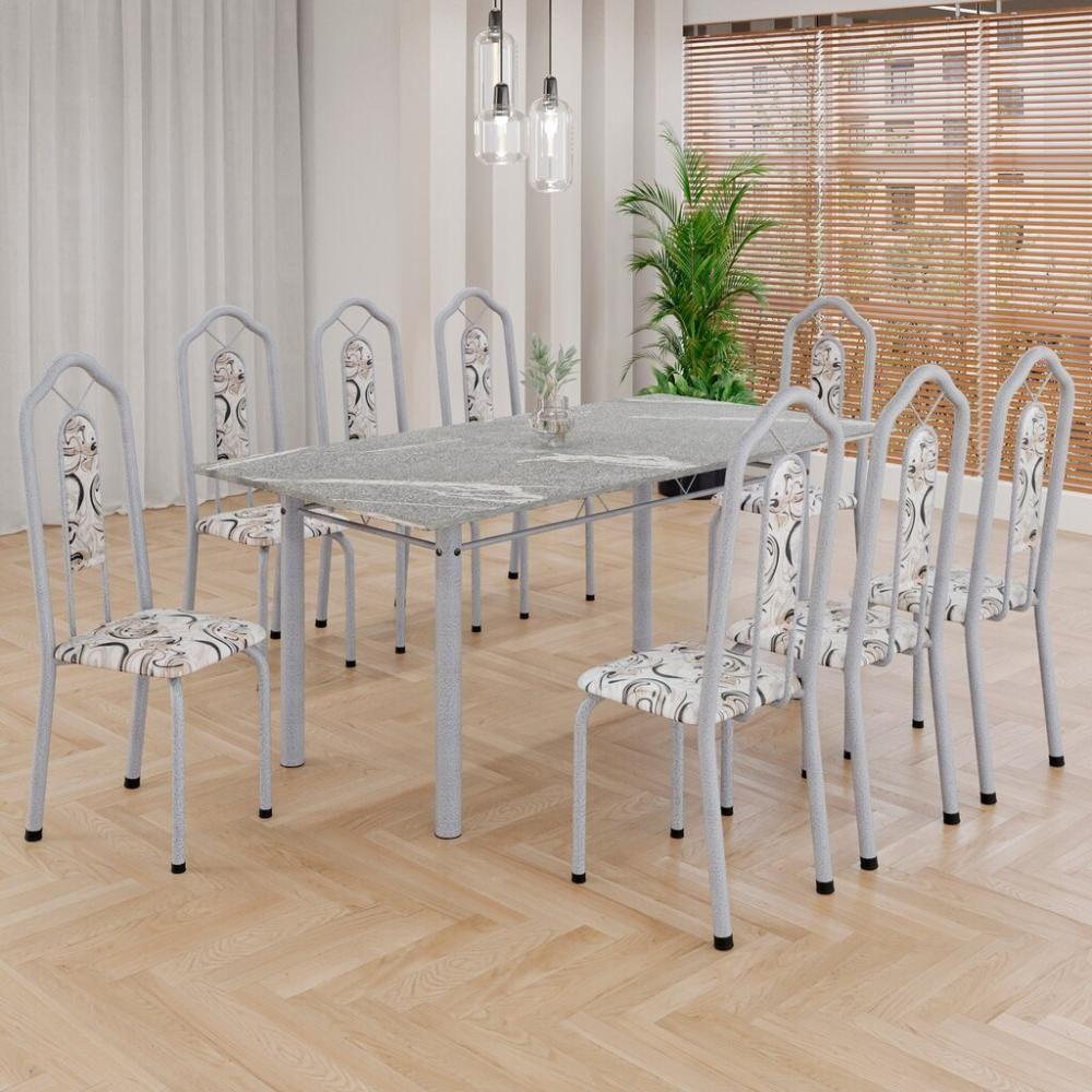 Conjunto De Mesa Tubular 8 Cadeiras 180x75cm Mart Perola Com Tampo Em Granito Ocre Brenda 050 - Tudo De Móveis Preto Floral - 10
