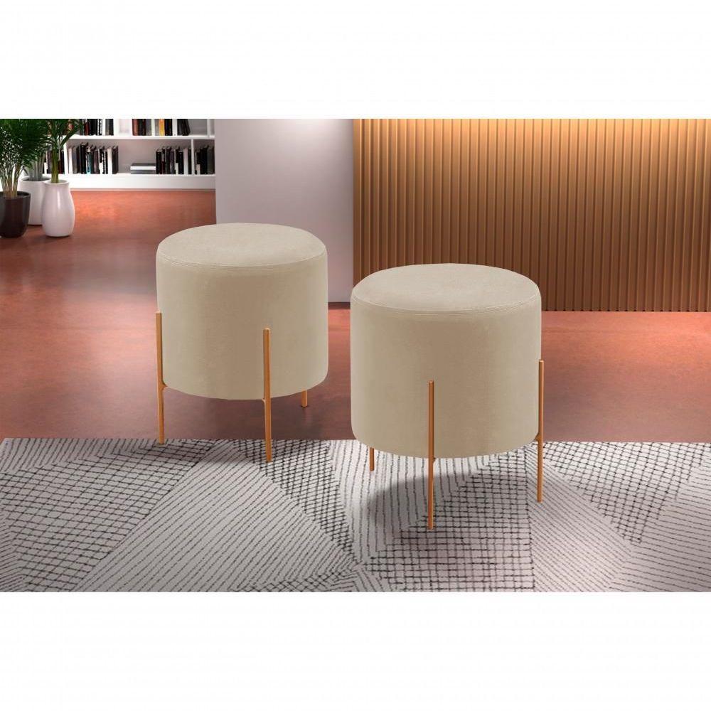 Puff Banqueta Odim Luxo Base Bronze Castellar Móbile Veludo Bege Claro - 4