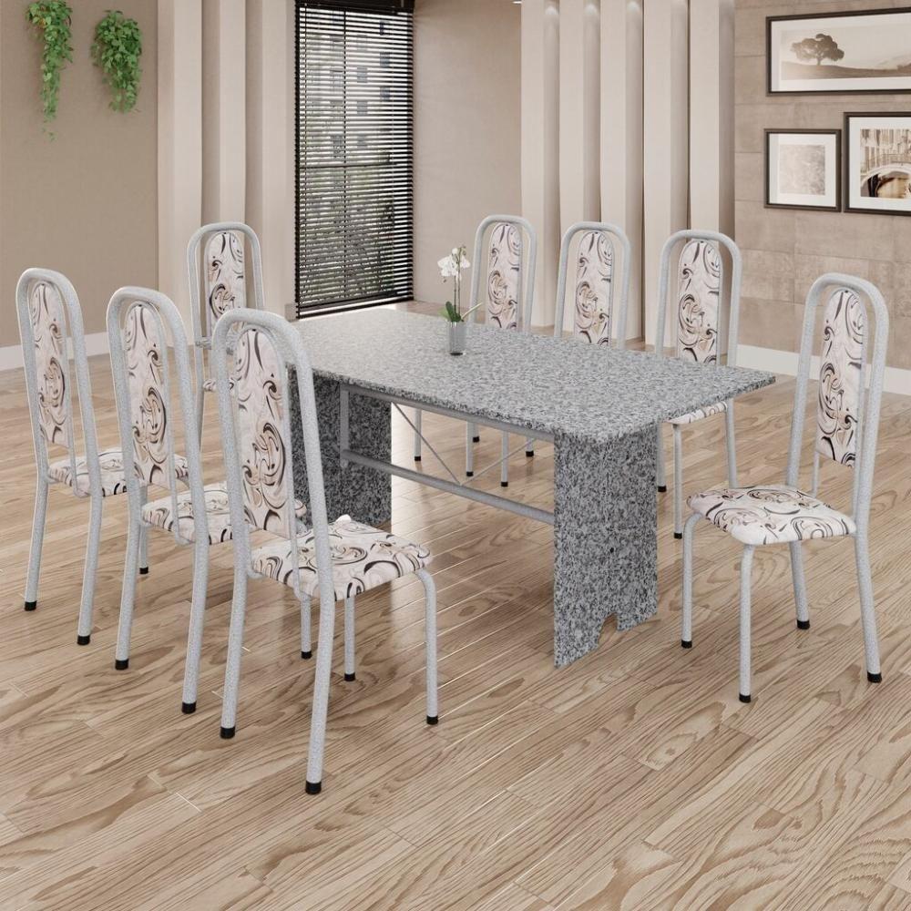 Conjunto De Mesa Tubular 8 Cadeiras 180x75cm Mart Perola Com Tampo Em Granito Ocre Letícia 071 - Tudo De Móveis Preto Floral - 1