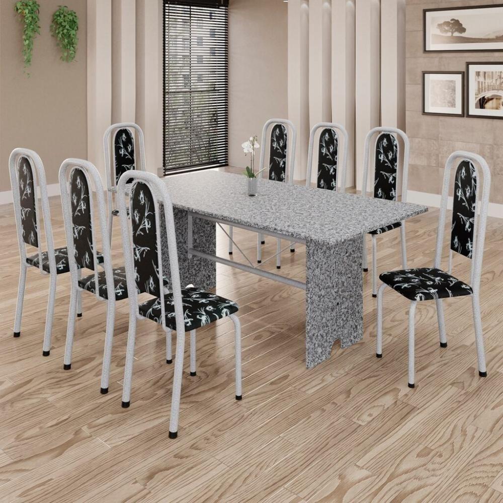 Conjunto De Mesa Tubular 8 Cadeiras 180x75cm Mart Perola Com Tampo Em Granito Ocre Letícia 071 - Tudo De Móveis Preto Floral - 9