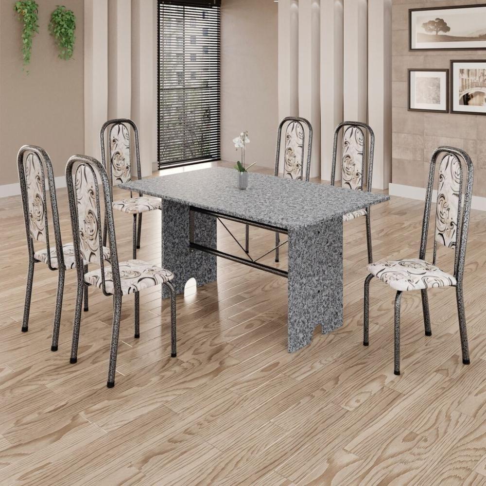 Conjunto De Mesa Tubular 6 Cadeiras 140x75cm Mart Prata Com Tampo Em Granito Ocre Letícia 070 - Tudo De Móveis Botanic Bege - 1