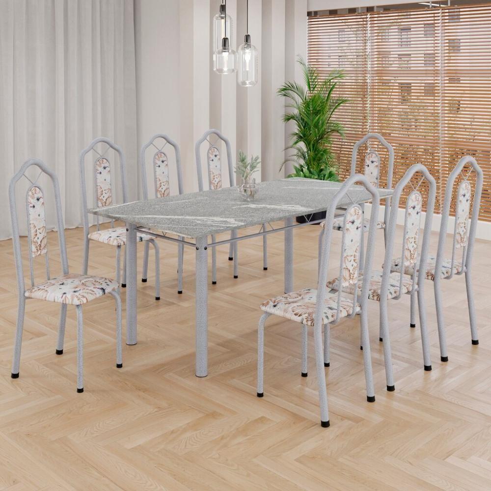 Conjunto De Mesa Tubular 8 Cadeiras 180x75cm Mart Perola Com Tampo Em Granito Ocre Brenda 050 - Tudo De Móveis Botanic Bege - 1