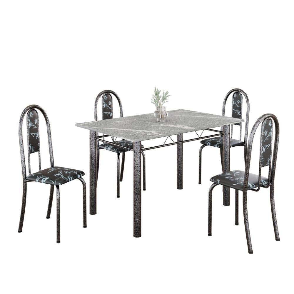 Conjunto De Mesa Tubular 4 Cadeiras 100x60cm Mart Prata Com Tampo Em Granito Topázio Isabel 020 - Tudo De Móveis Preto Floral - 4