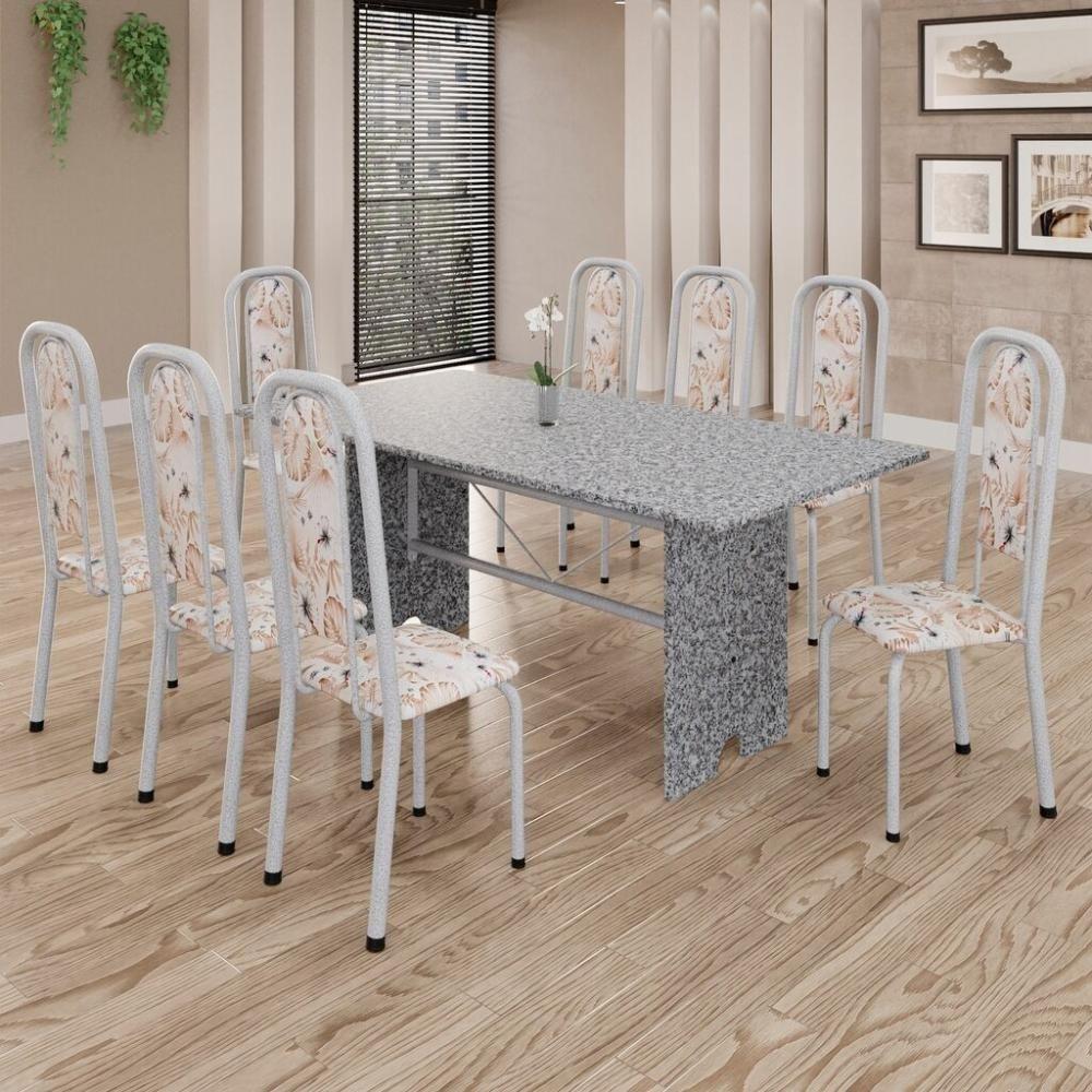 Conjunto De Mesa Tubular 8 Cadeiras 180x75cm Mart Perola Com Tampo Em Granito Ocre Letícia 071 - Tudo De Móveis Botanic Bege - 8