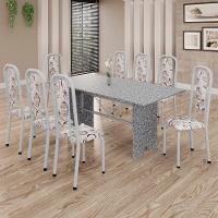 Conjunto De Mesa Tubular 8 Cadeiras 180x75cm Mart Perola Com Tampo Em Granito Ocre Letícia 071 - Tudo De Móveis Botanic Bege - 1