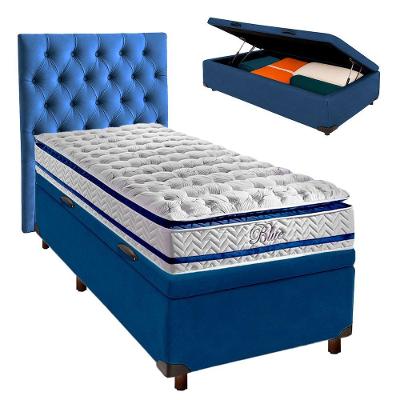 Cama + Bau Azul E Colchão Molas Ensacadas Solteiro - Blue Paropas + Cabeceira