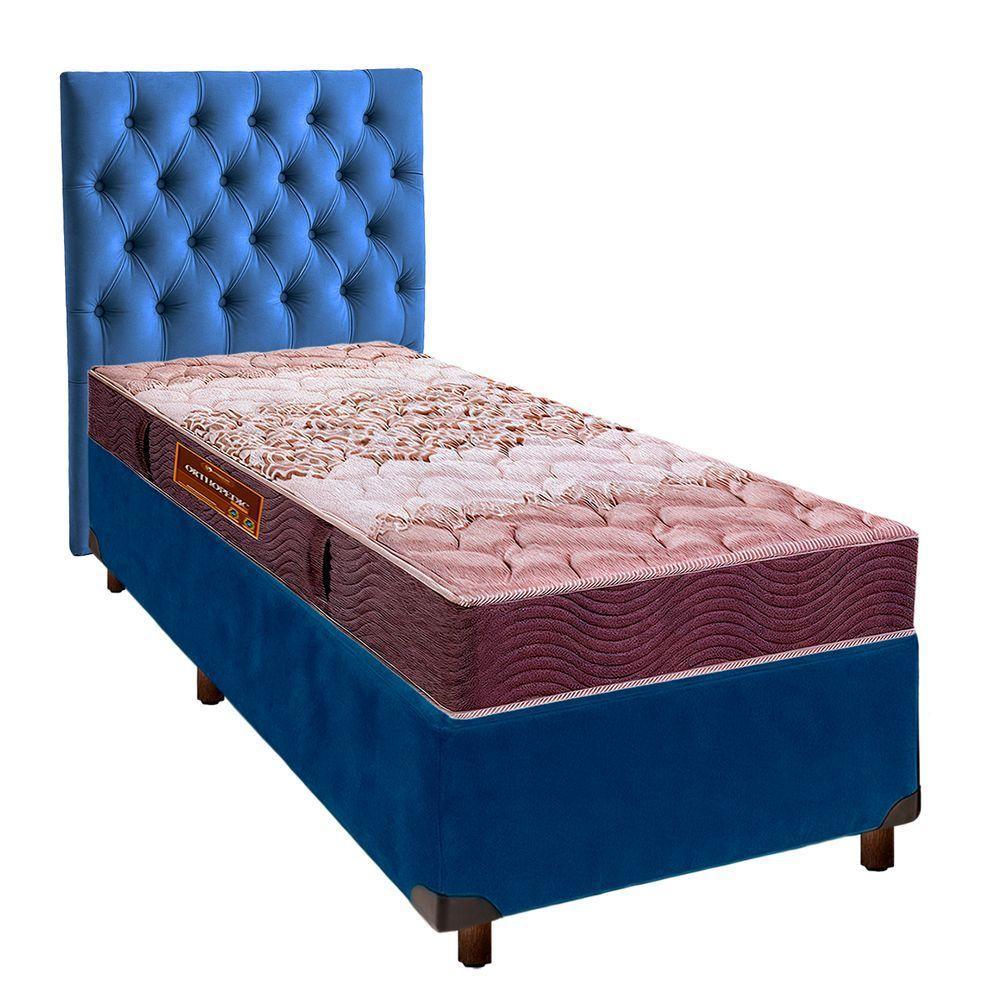 Conjunto Cama Box Azul Solteiro + Colchão D26 Ortophedic Sankonfort + Cabeceira - 1