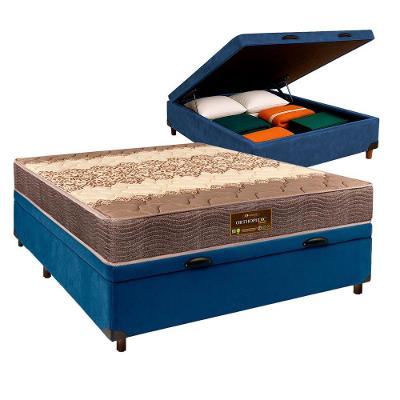 Cama Box Bau Azul Casal + Colchão D26 Ortophedic Sankonfort