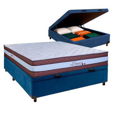 Cama + Bau Azul E Colchão Molas Ensacadas Casal - Legaccy Paropas