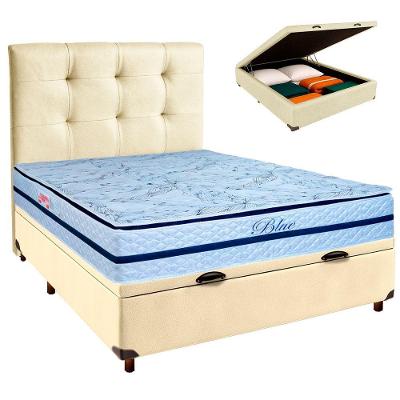 Cama Box Bau + Colchão Casal Molas Ensacadas Blue Paropas + Cabeceira Estofada