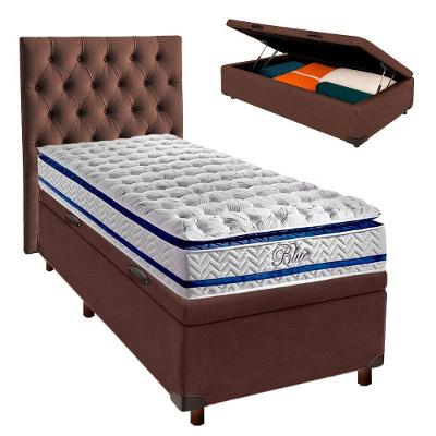 Conjunto Cama Box Bau Marrom Solteiro + Colchão Molas Ensacadas Blue Paropas + Cabeceira
