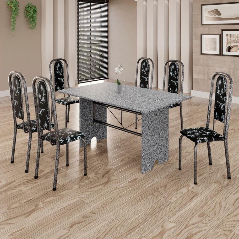 Conjunto De Mesa Tubular 6 Cadeiras 140x75cm Mart Prata Com Tampo Em Granito Ocre Letícia 070 - Tudo De Móveis Preto Floral - 2