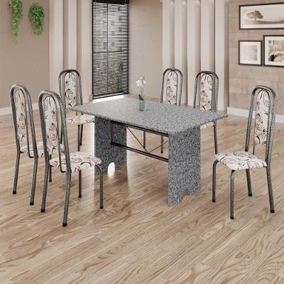 Conjunto De Mesa Tubular 6 Cadeiras 140x75cm Mart Prata Com Tampo Em Granito Ocre Letícia 070 - Tudo De Móveis Preto Floral