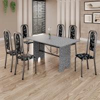Conjunto De Mesa Tubular 6 Cadeiras 140x75cm Mart Prata Com Tampo Em Granito Ocre Letícia 070 - Tudo De Móveis Preto Floral