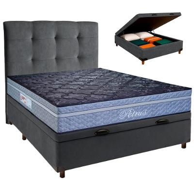 Conjunto Cama Box Bau Cinza Casal + Colchão Molas Ensacadas Petrus Paropas + Cabeceira