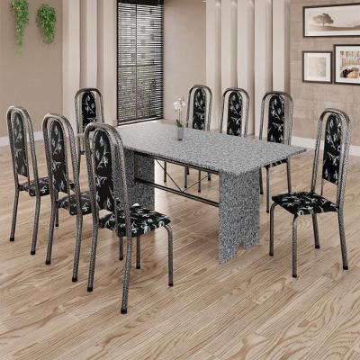 Conjunto De Mesa Tubular 8 Cadeiras 180x75cm Mart Prata Com Tampo Em Granito Ocre Letícia 071 - Tudo De Móveis Preto Floral