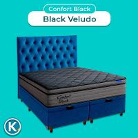 Baú Azul + Cabeceira + Colchão King Confort Black Ortobom