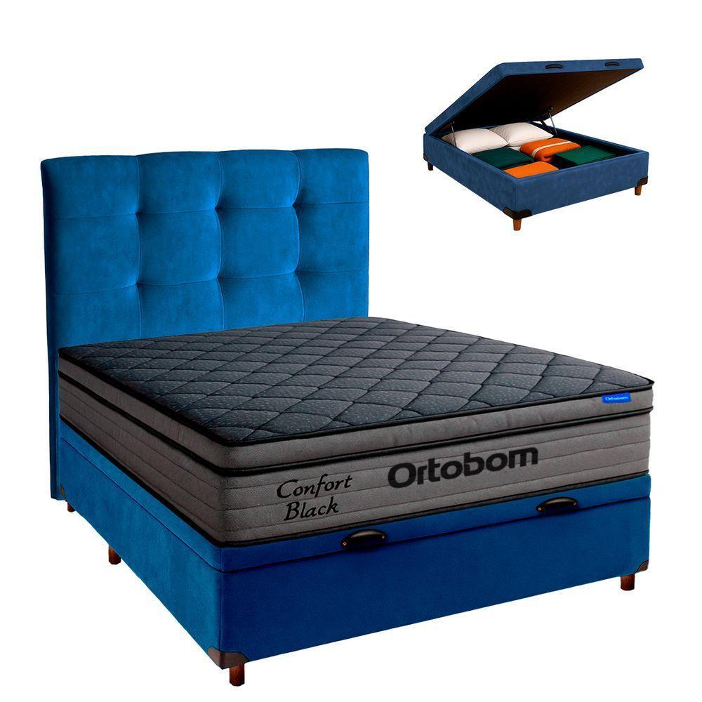 Baú Azul + Cabeceira + Colchão Casal Confort Black Ortobom - 1