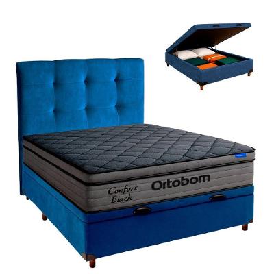 Baú Azul + Cabeceira + Colchão Casal Confort Black Ortobom
