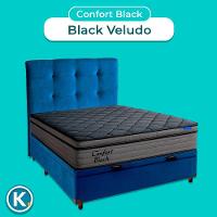Baú Azul + Cabeceira + Colchão Casal Confort Black Ortobom