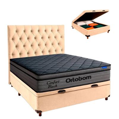 Baú Perola + Cabeceira + Colchão Casal Confort Black Ortobom