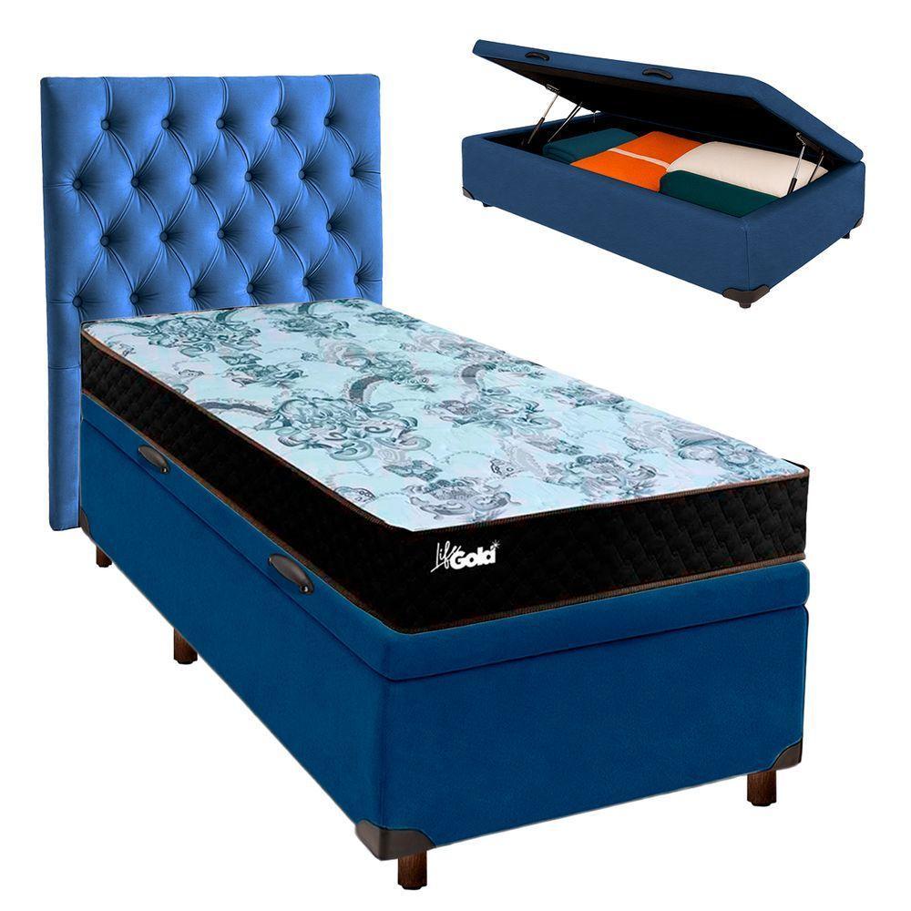 Conjunto Cama Box Bau Blindado Solteiro + Colchão Molas Ensacadas Life Gold Paropas + Cabeceira - 1