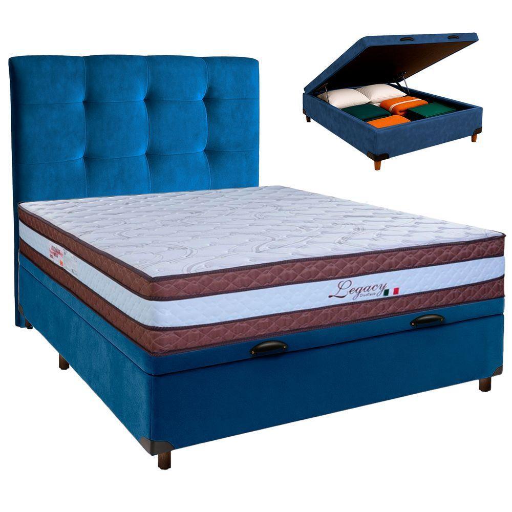 Conjunto Cama Box Bau Azul Casal + Colchão Molas Ensacadas Legaccy Paropas + Cabeceira - 1