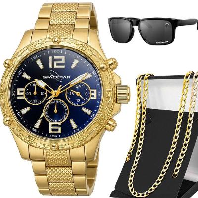 Relogio Banhado Masculino Aço Inox + Oculos Sol + Cordao Inoxidável Grumet Robusto Qualidade Premium